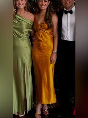 TOVE Satin Twist-Front Midi Dress in Mustard Gold